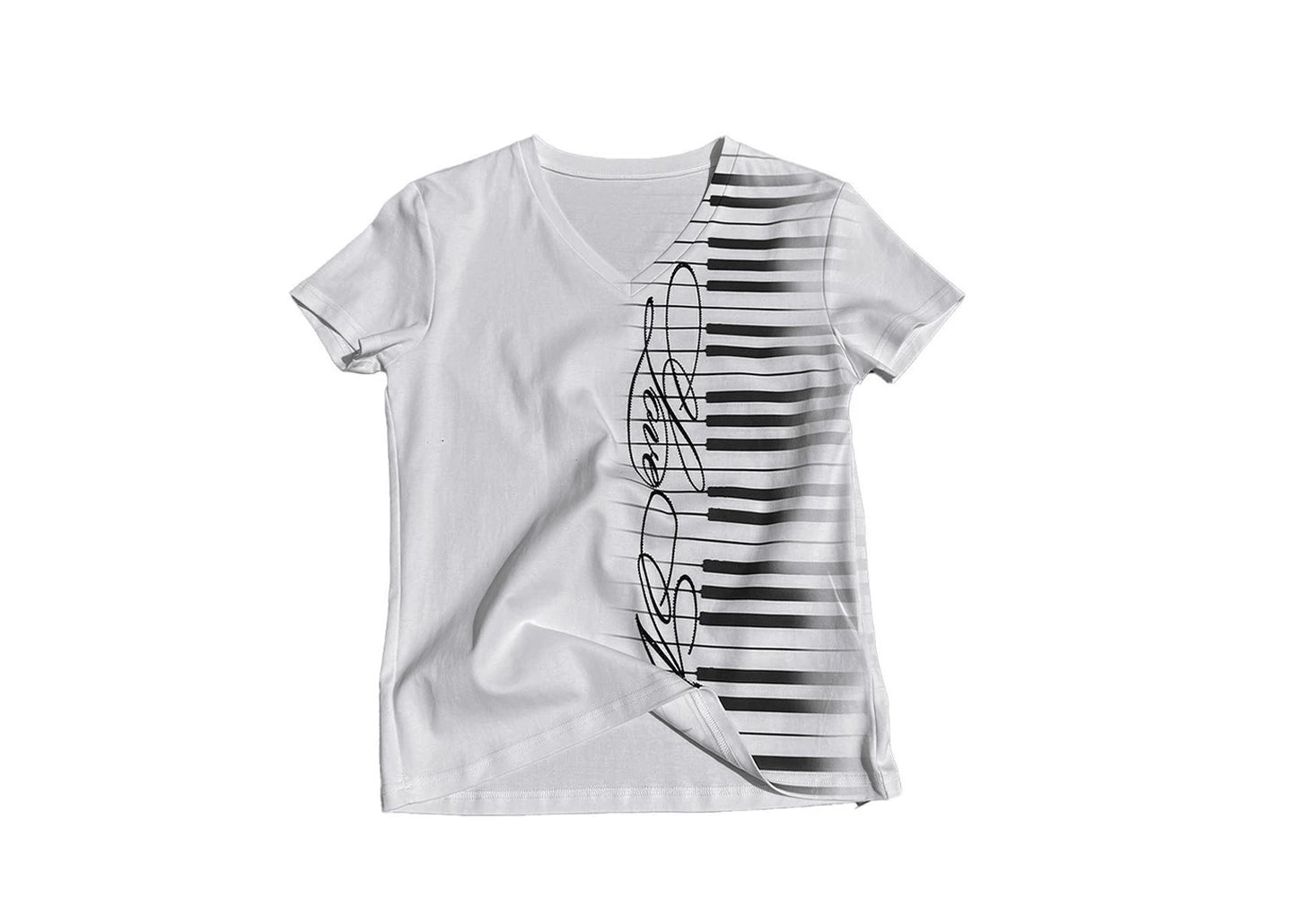 no E mosen「LovE Music」ラインストーン ベビーTシャツ - ピアノ鍵盤スクリプトVネック スリムトップ