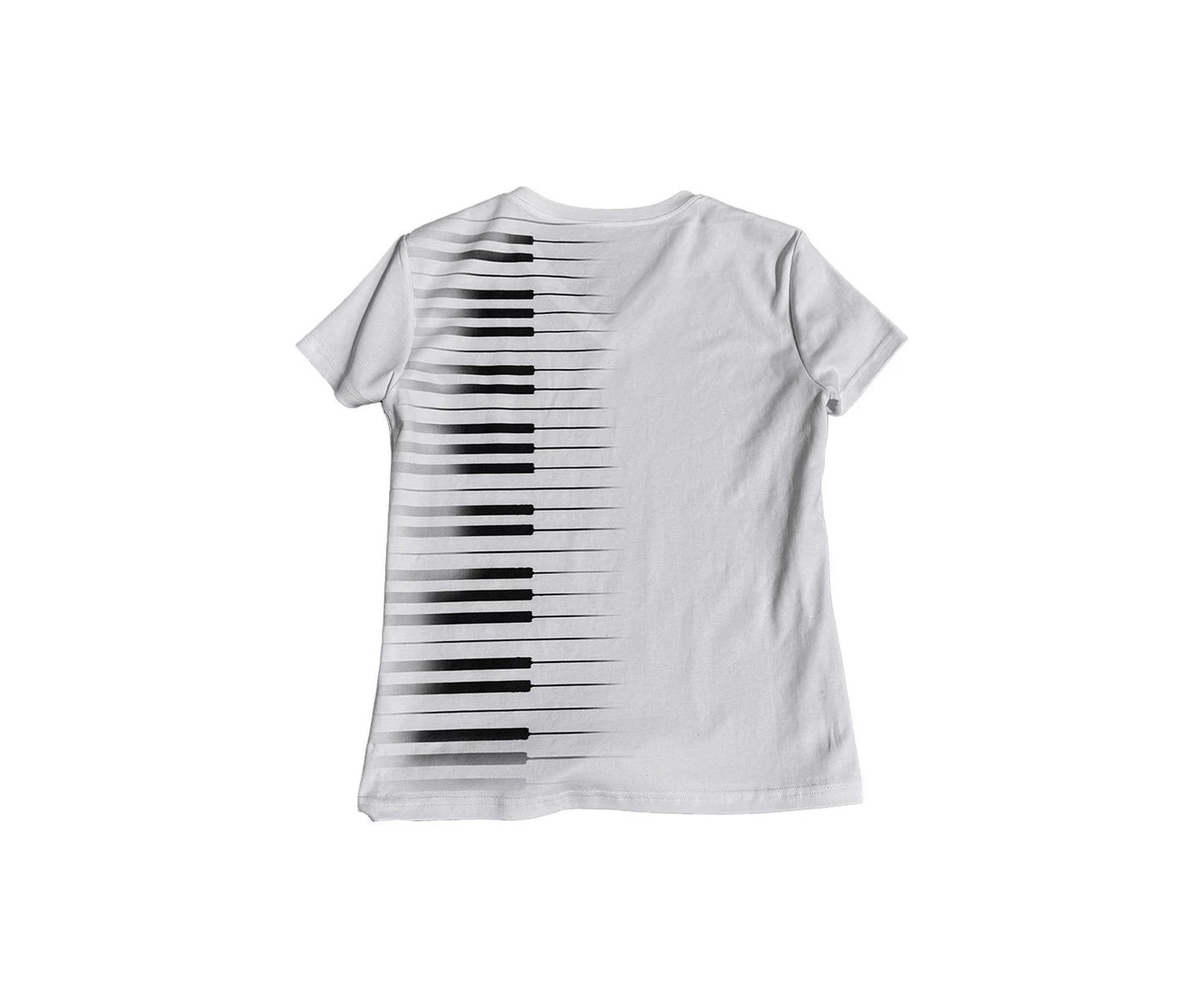 no E mosen「LovE Music」ラインストーン ベビーTシャツ - ピアノ鍵盤スクリプトVネック スリムトップ