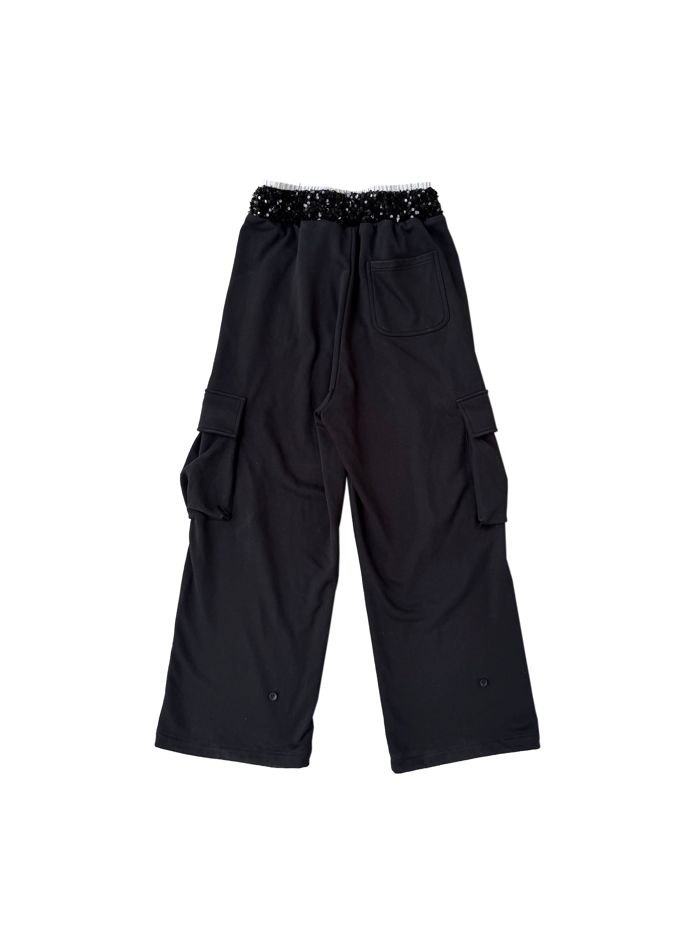 CHAI SS26 Heraldic Print Cargo Sweatpants - Sequin Waistband Multi-Pocket Joggers