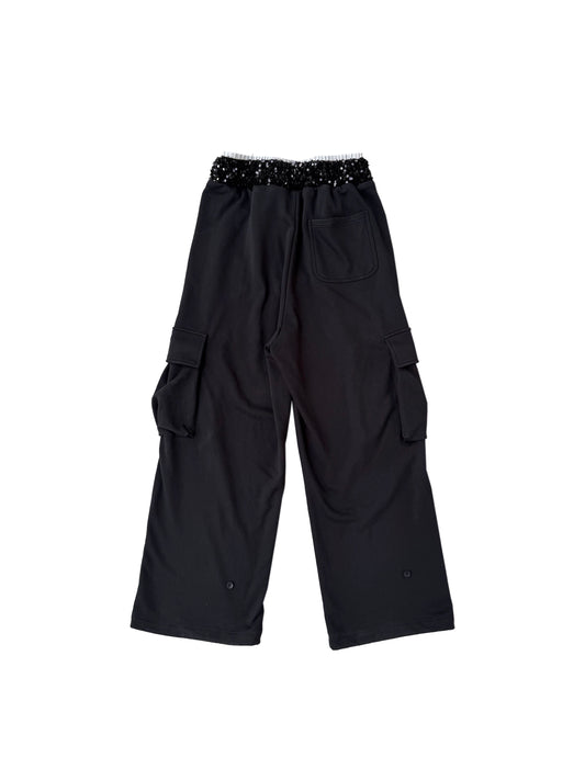 CHAI SS26 Heraldic Print Cargo Sweatpants - Sequin Waistband Multi-Pocket Joggers