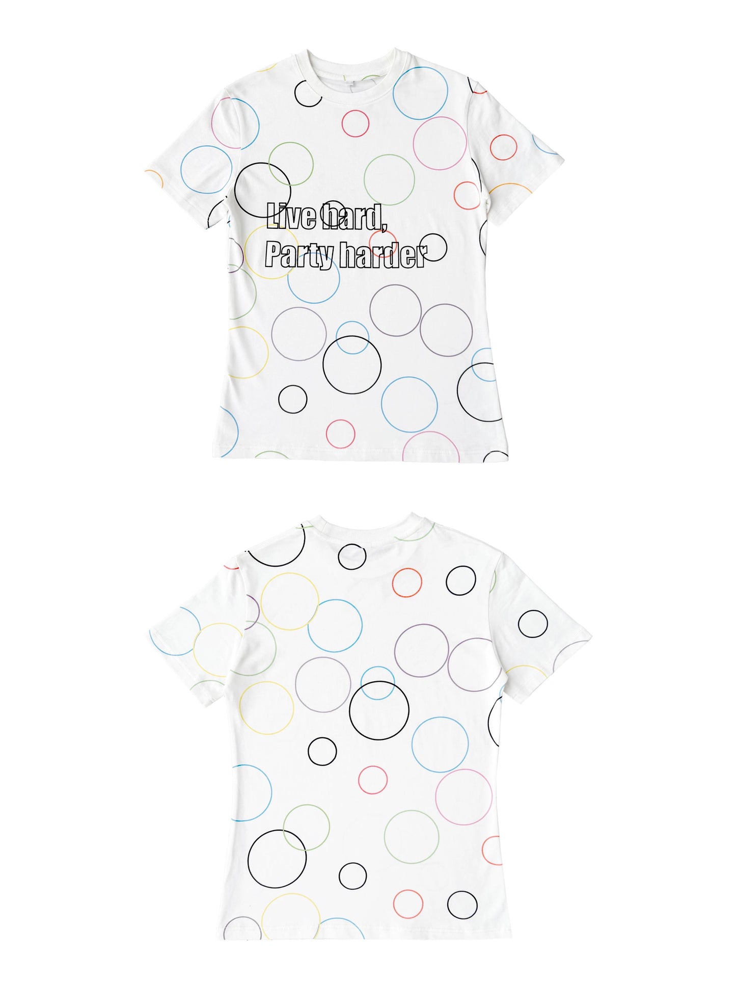 CHAI SS26 「Party Harder」スローガンTシャツ - カラフルサイケデリック渦巻スリムベビーTシャツ