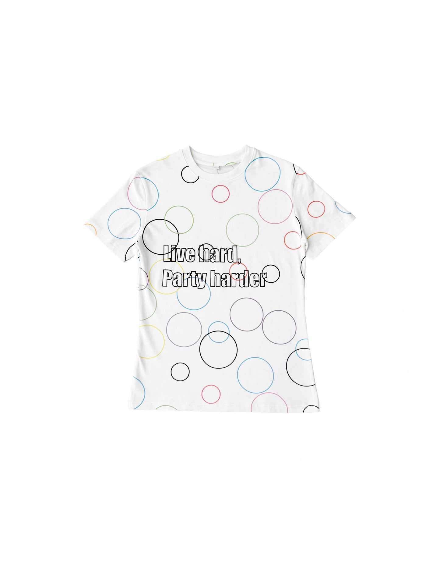 CHAI SS26 「Party Harder」スローガンTシャツ - カラフルサイケデリック渦巻スリムベビーTシャツ