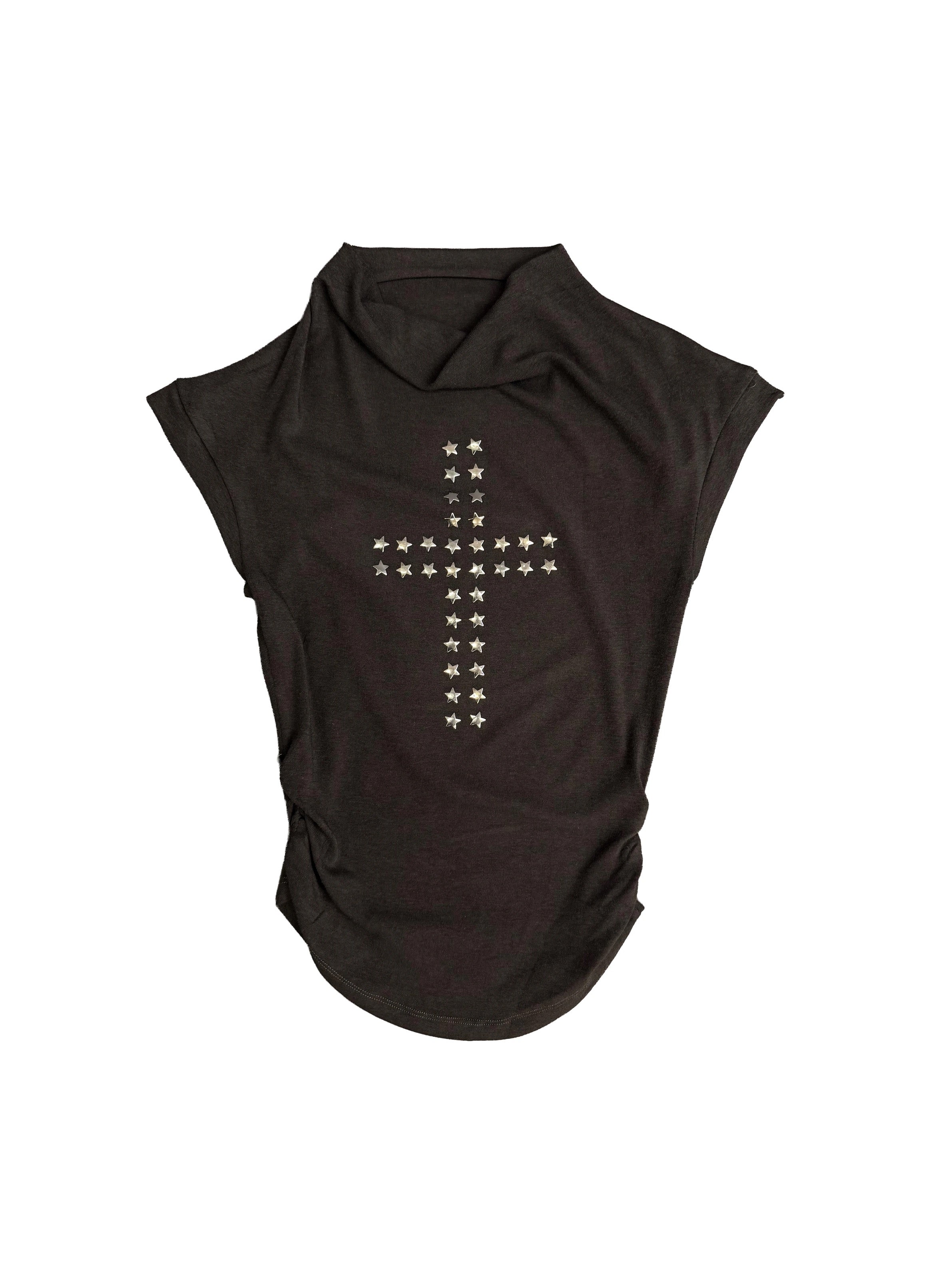 TheNewYouthPark Cowl Neck Star & Cross Top - Rhinestone Slimming Ash Grey Shirt