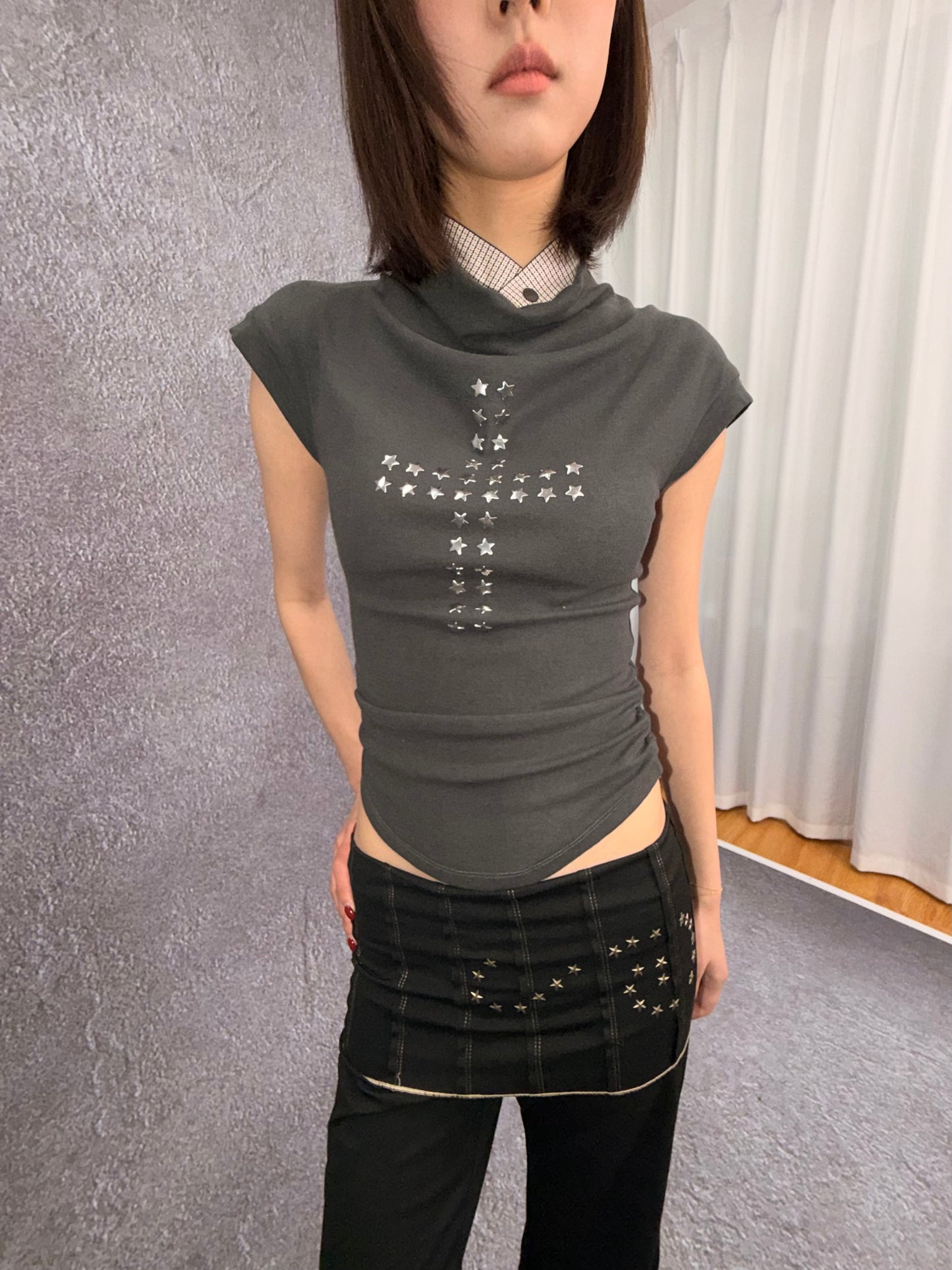 TheNewYouthPark Cowl Neck Star & Cross Top - Rhinestone Slimming Ash Grey Shirt
