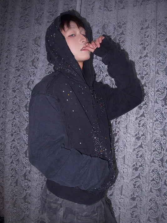 Rhinestone Starry Distressed Zip Up Jacket