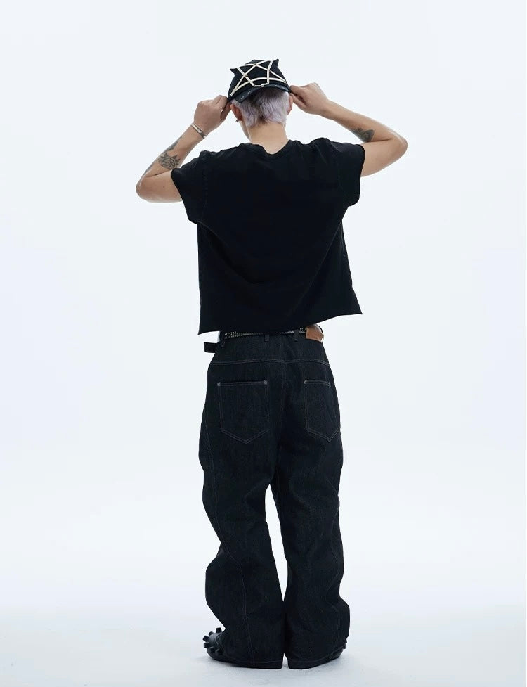 Curved Blade Cut Raw Denim Jeans
