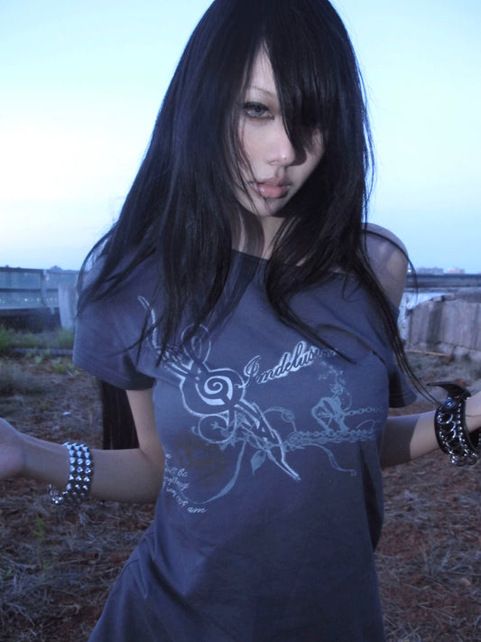 Cotton Off Shoulder Slim Fit Punk Print T-Shirt