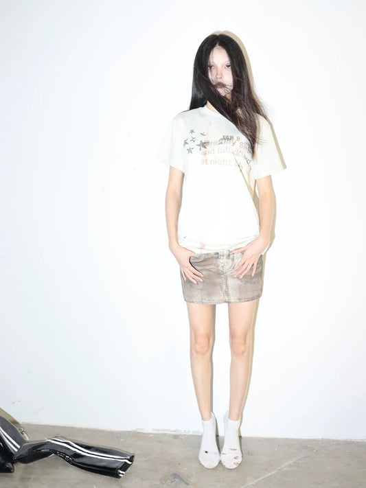 Distorted Star White Print Apricot T-Shirt