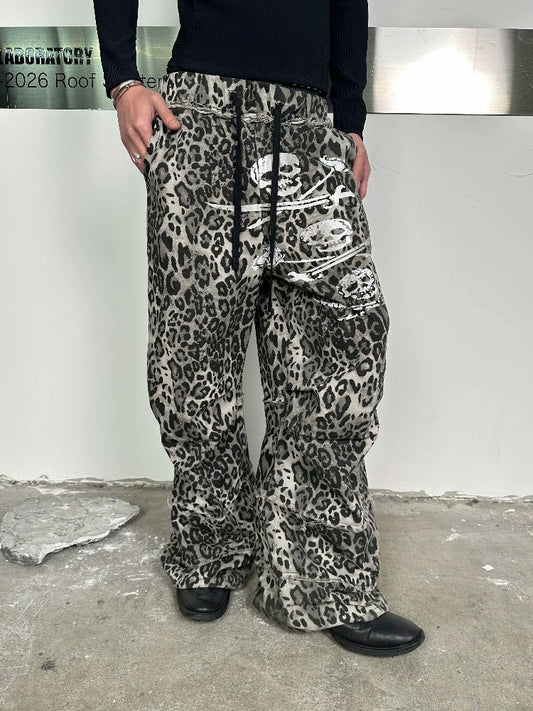 Unisex Leopard Print Pleated Cargo Pants