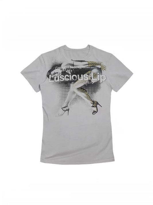 Night Lab 2026 "Lucy" Portrait Baby Tee - Y2K Slim Fit Ash Grey Graphic Top