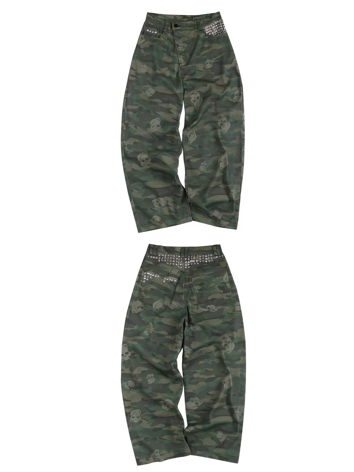 Night Lab Retro Camouflage Wide-Leg Cargo Pants - Studded Skull Detail Baggy Sweats