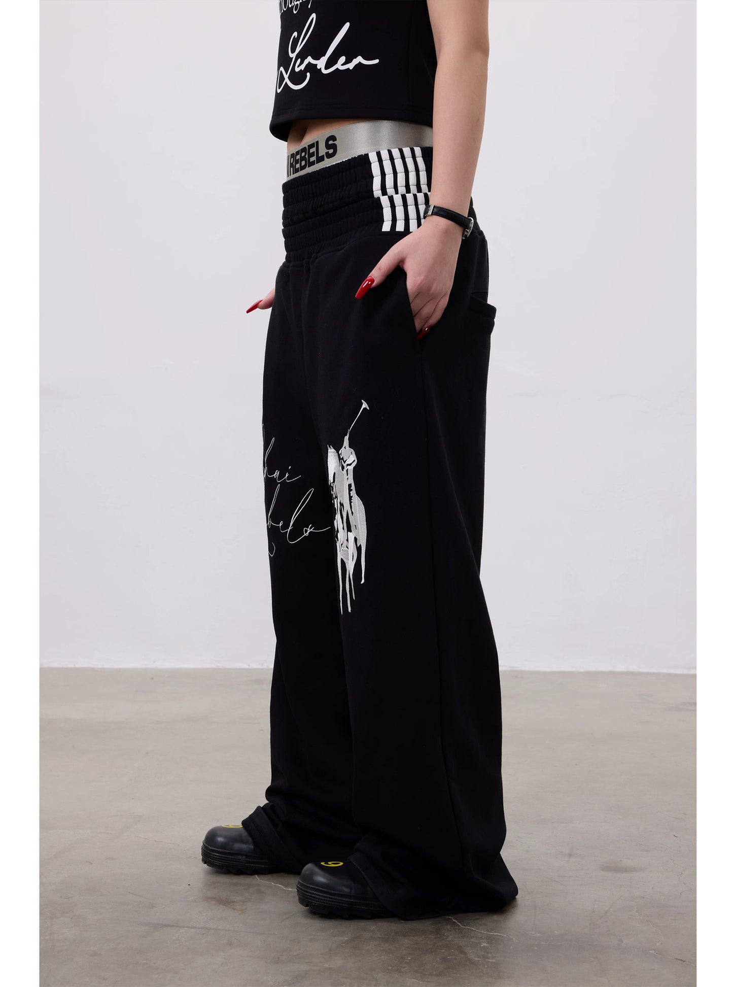 Black Reversible Horse Embroidery Baggy Sweatpants