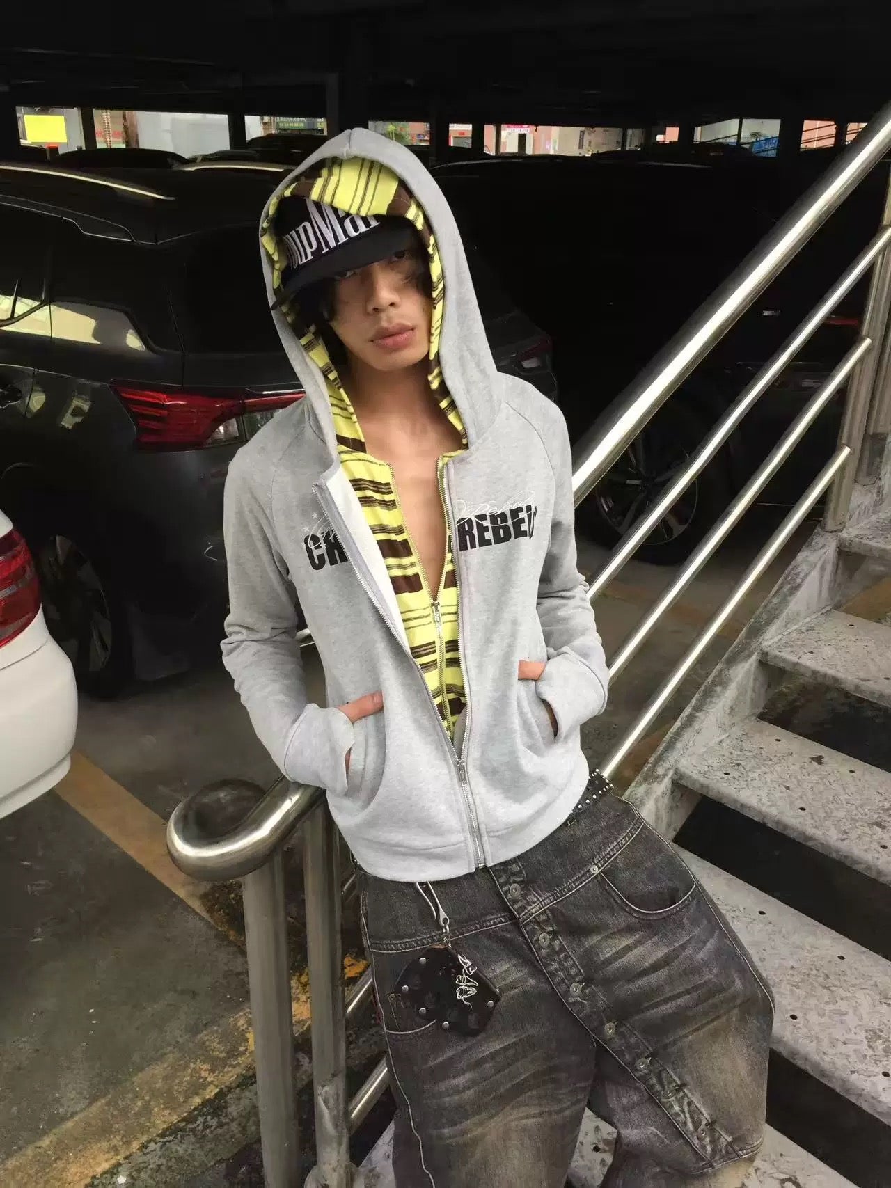 Star Embroidery Contrast Stripe Zip-Up Hoodie