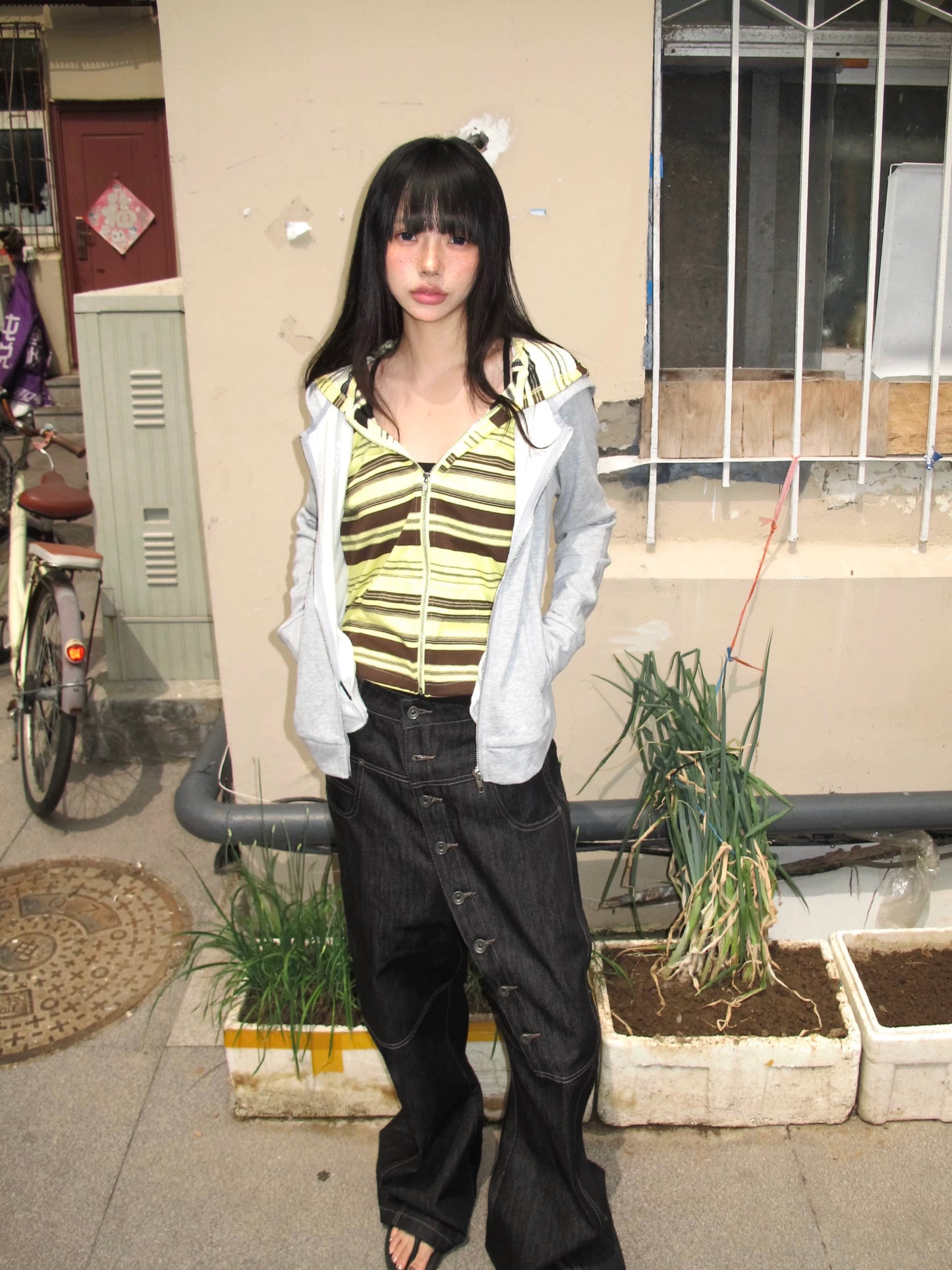 Star Embroidery Contrast Stripe Zip-Up Hoodie