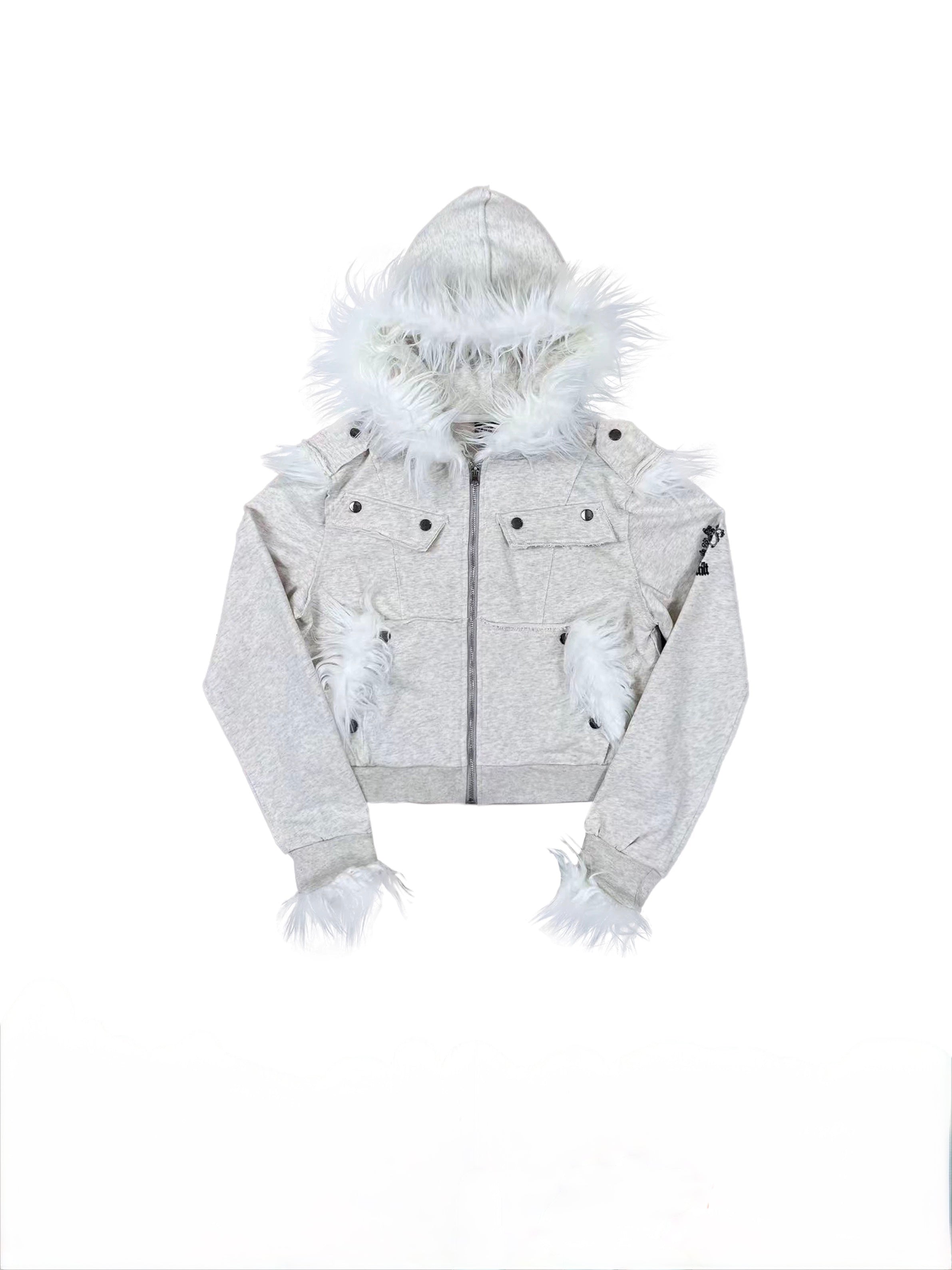 Crest Print Frayed Patchwork Fur Collar Jacket