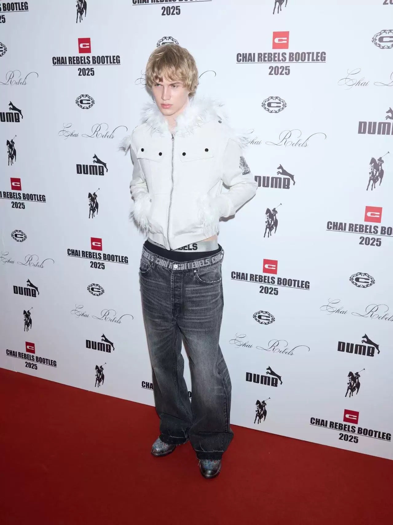 クレストプリント フレイズドパッチワーク ファーカラージャケット