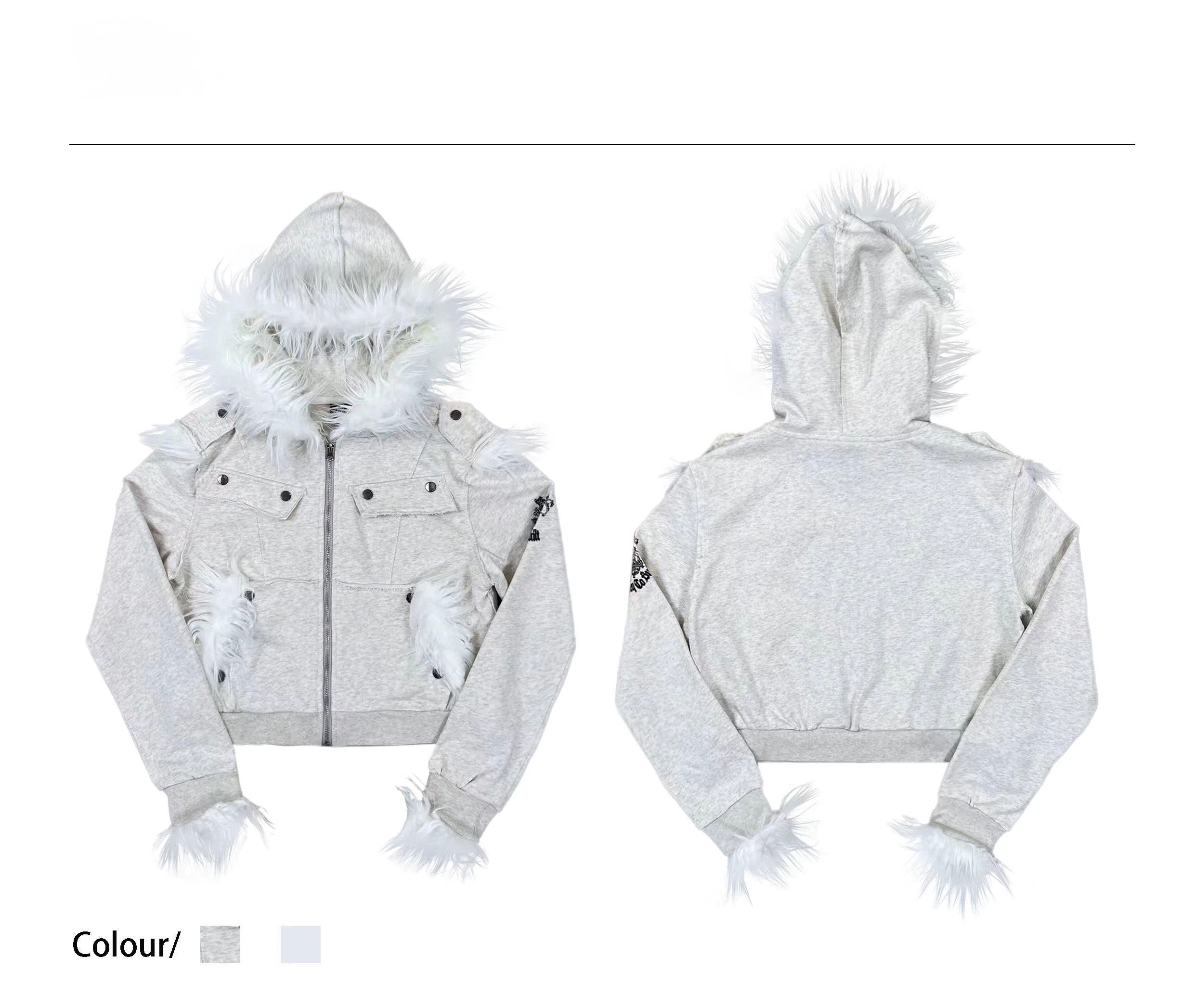 Crest Print Frayed Patchwork Fur Collar Jacket