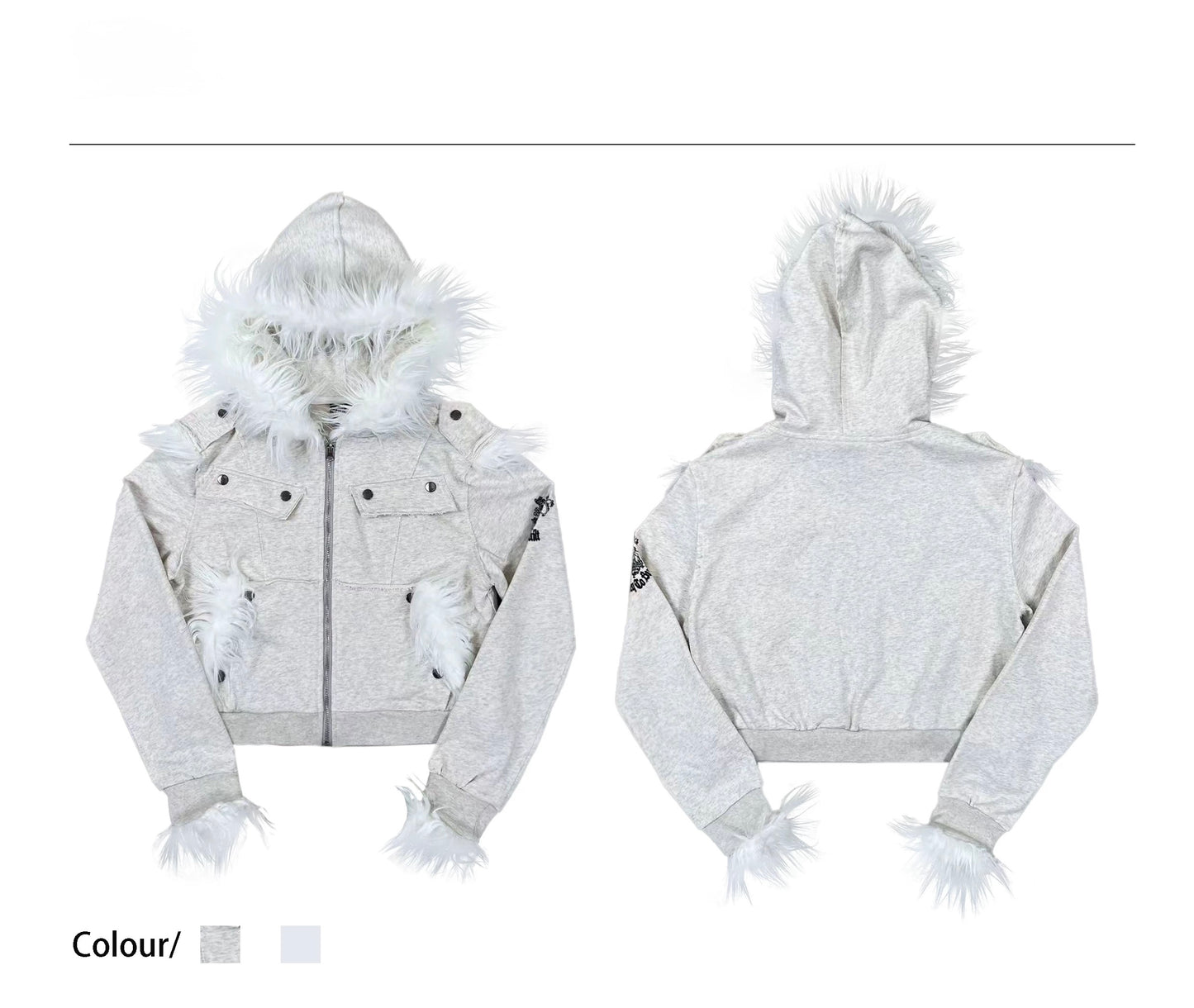 クレストプリント フレイズドパッチワーク ファーカラージャケット