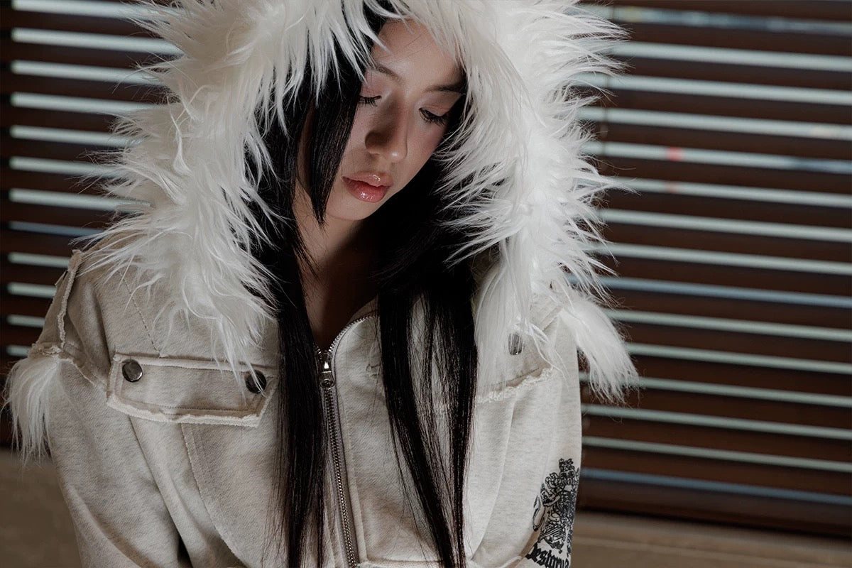 クレストプリント フレイズドパッチワーク ファーカラージャケット