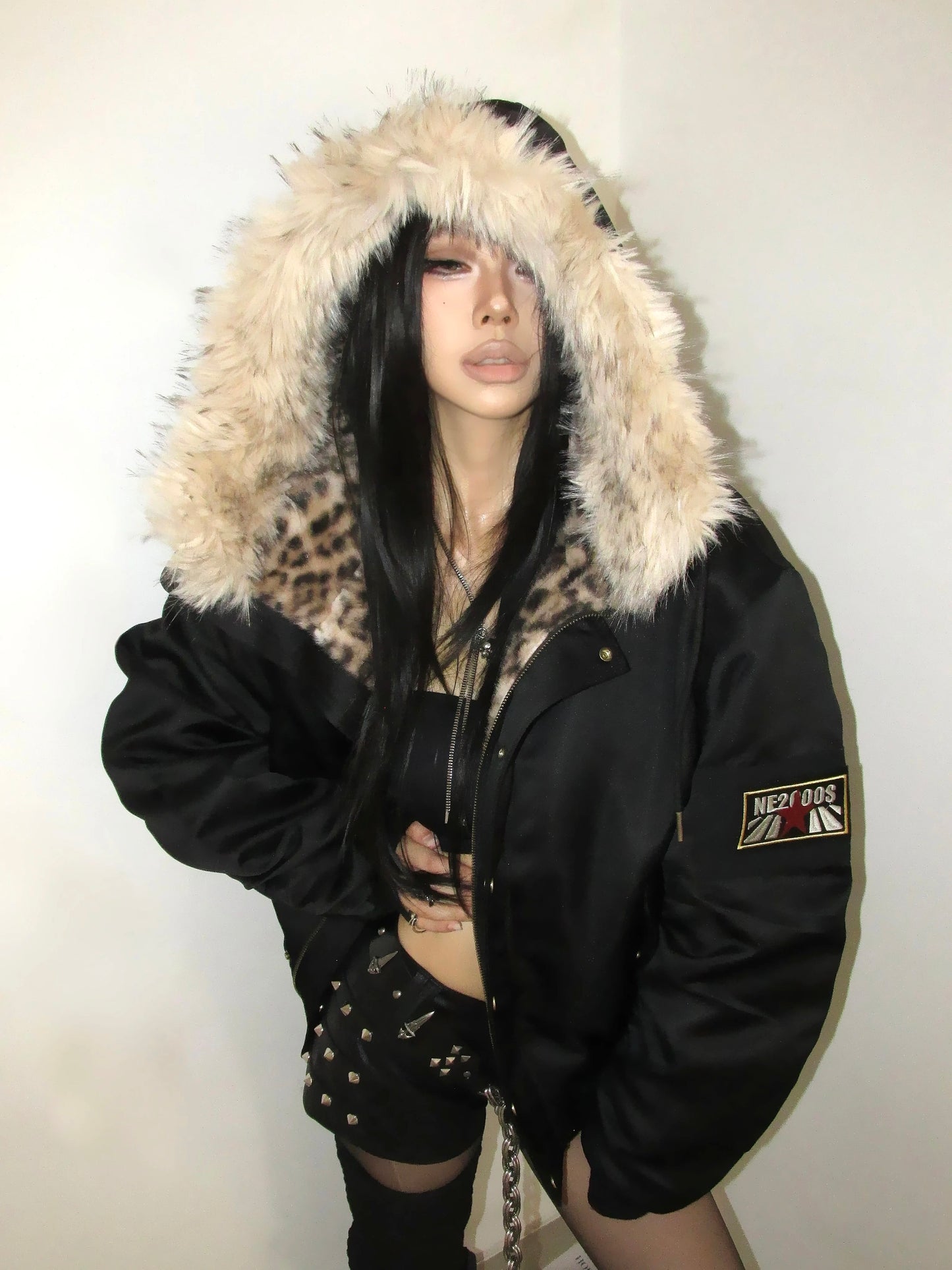 Leopard Hooded Fur Collar Bomber Jacket
