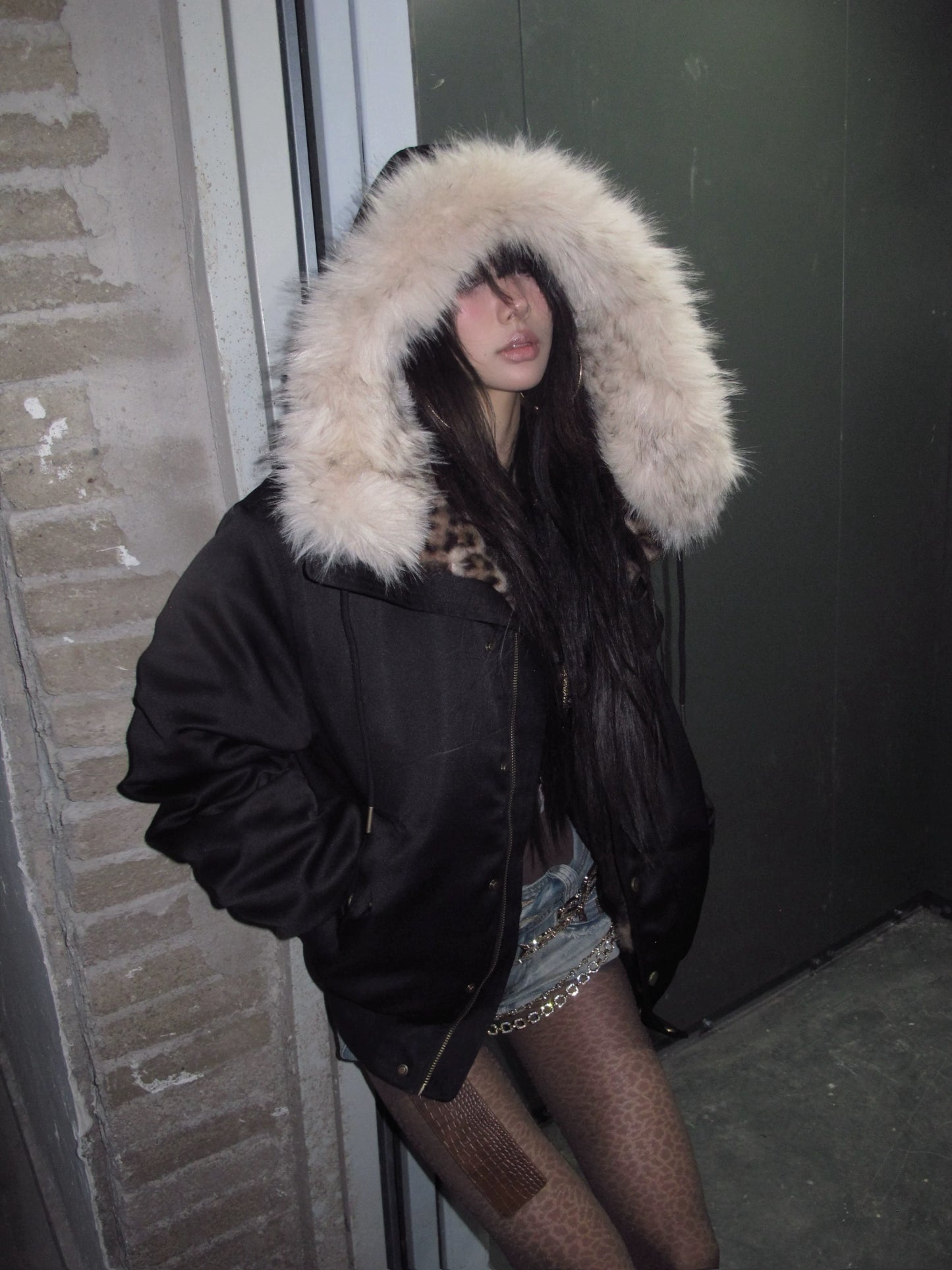 Leopard Hooded Fur Collar Bomber Jacket